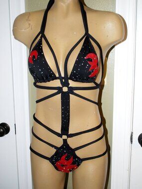 Sexy OOAK rhinestone black/red  harness exotic dancer stripper
